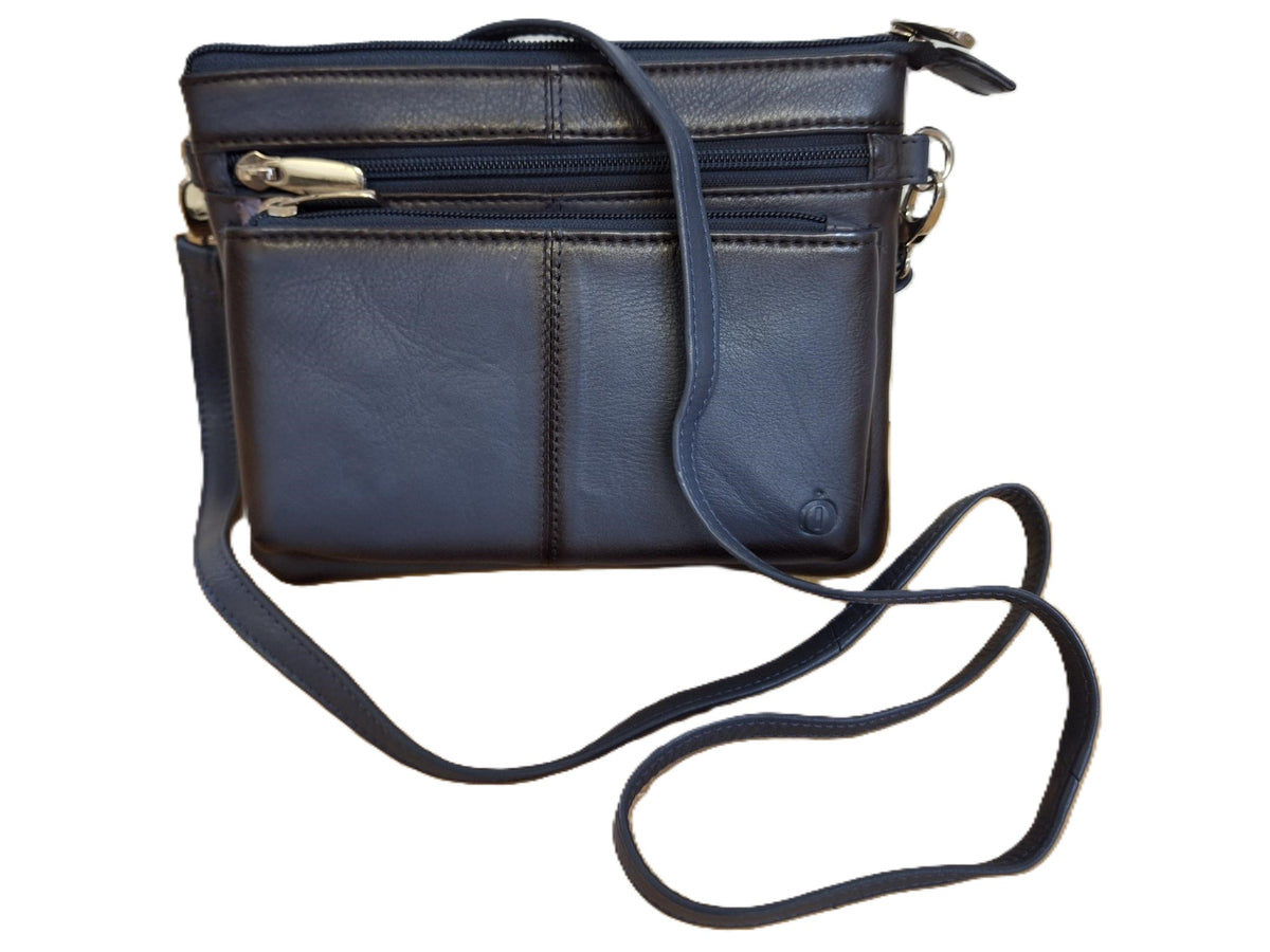 Oi blauw leren damestasje Tineke met Burnt Edges / plat praktisch schoudertasje met veel ritsen / festivaltasje compact ook cross te dragen / blauw leer met Burned Edges / 662BLUE BE