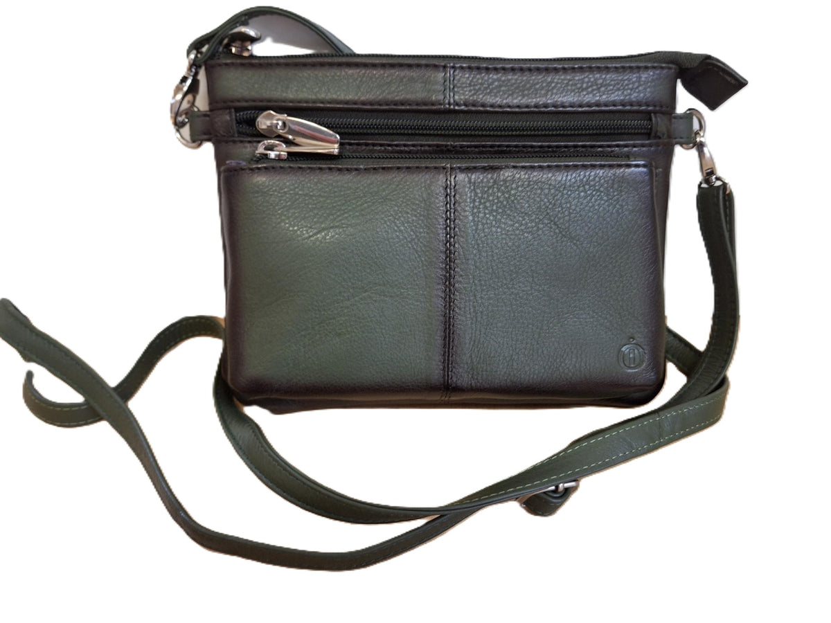 Oi groen leren damestasje Tineke met Burnt Edges / plat praktisch schoudertasje met veel ritsen / festivaltasje compact ook cross te dragen / groen leer met Burned Edges / 662GREEN BE