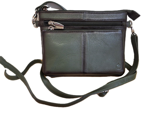 Oi groen leren damestasje Tineke met Burnt Edges / plat praktisch schoudertasje met veel ritsen / festivaltasje compact ook cross te dragen / groen leer met Burned Edges / 662GREEN BE