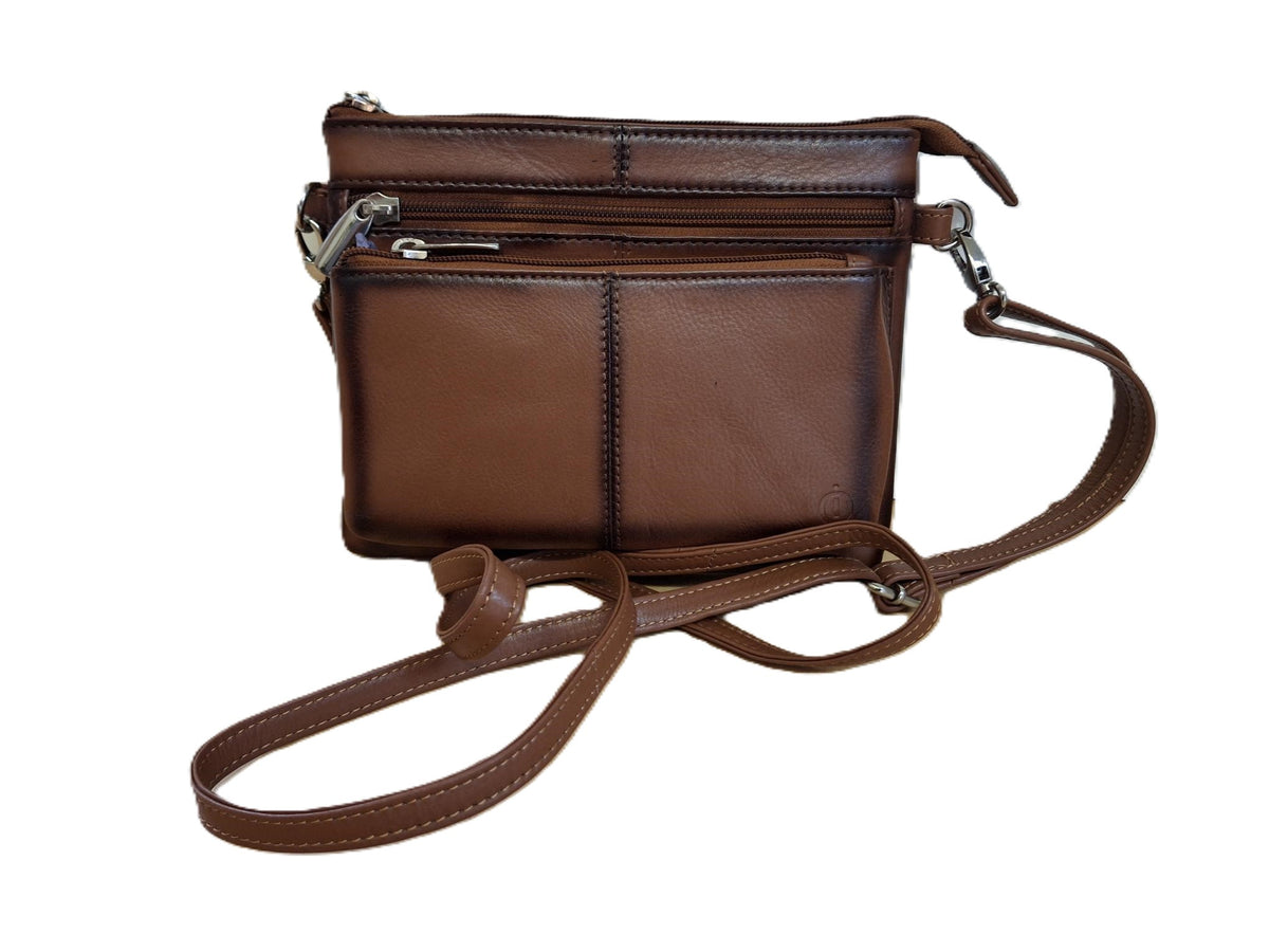 Oi cognac bruin leren damestasje Tineke met Burnt Edges / plat praktisch schoudertasje met veel ritsen / festivaltasje compact ook cross te dragen / Camelkleurig leer met Burned Edges / 662TAN BE