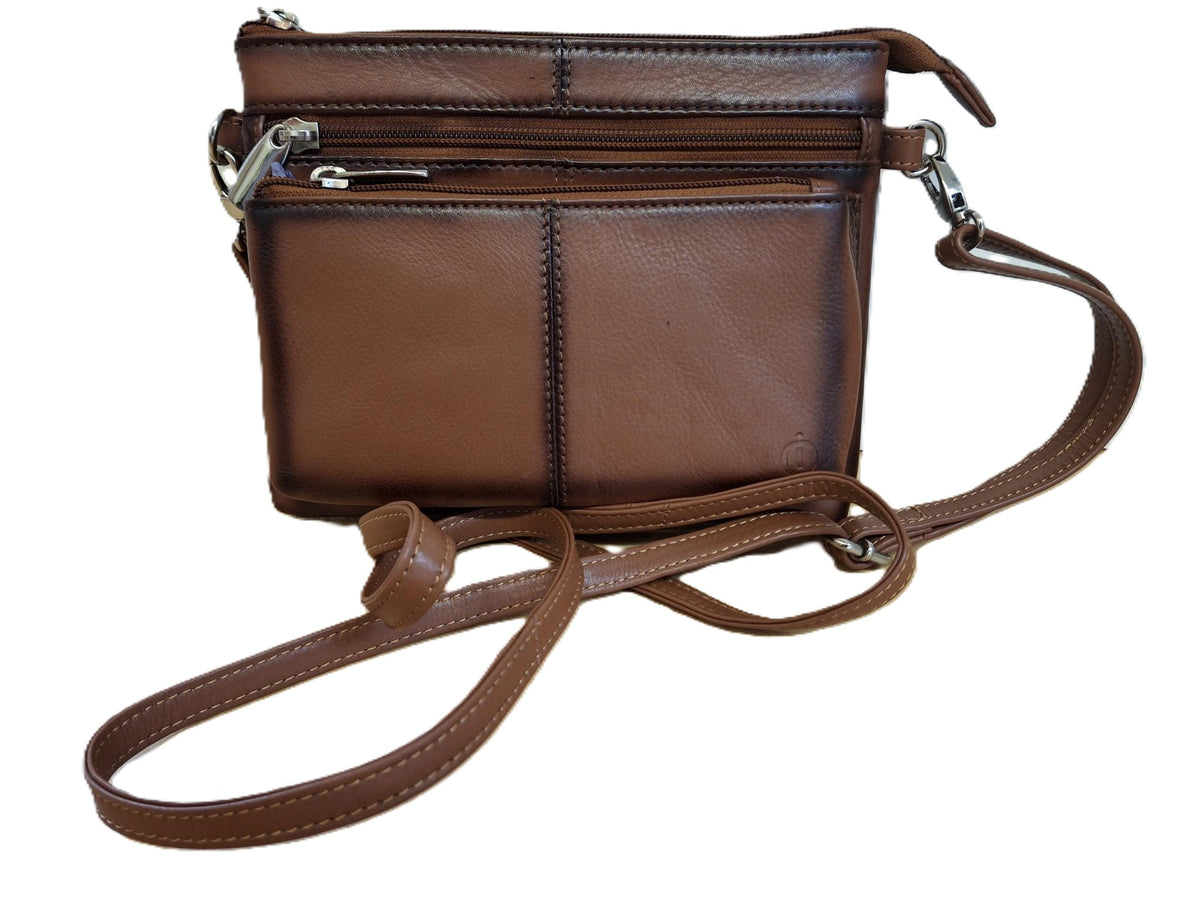 Oi cognac bruin leren damestasje Tineke met Burnt Edges / plat praktisch schoudertasje met veel ritsen / festivaltasje compact ook cross te dragen / Camelkleurig leer met Burned Edges / 662TAN BE