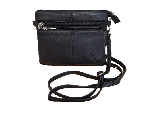 Oi zwart leren damestasje Tineke / plat praktisch schoudertasje met veel ritsen / festivaltasje compact ook cross te dragen / zwart leer / 662