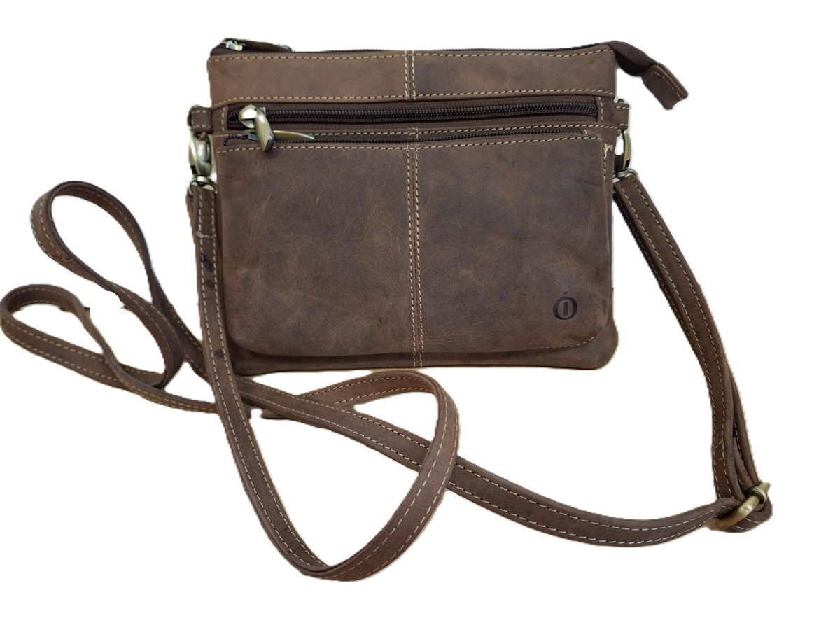 Oi Hunter bruin leren damestasje Tineke / plat praktisch schoudertasje met veel ritsen / festivaltasje compact ook cross te dragen / bruin leer / 662H