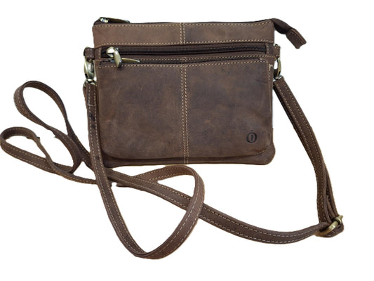 Oi Hunter bruin leren damestasje Tineke / plat praktisch schoudertasje met veel ritsen / festivaltasje compact ook cross te dragen / bruin leer / 662H