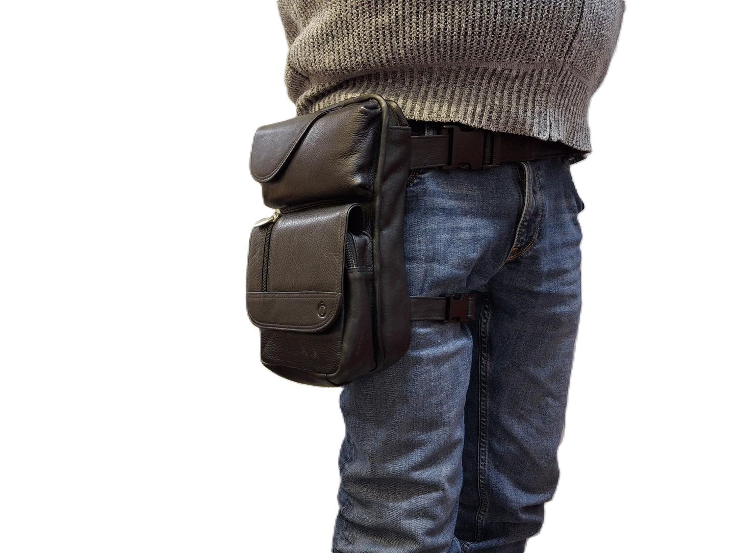 Oi zwarte leren Beentas Willem / stoere ruime been-tas / beenholster / praktische tas voor motorrijders / motortas voor om been / zwart leer / 598