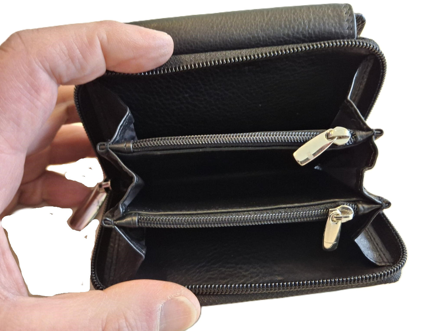 OI zwarte leren ritsportemonnee voor veel pasjes / uitklapbare damesportemonnee met groot ritsvak / afsluitbare rits portemonnee / anti skimming / zwart / 161
