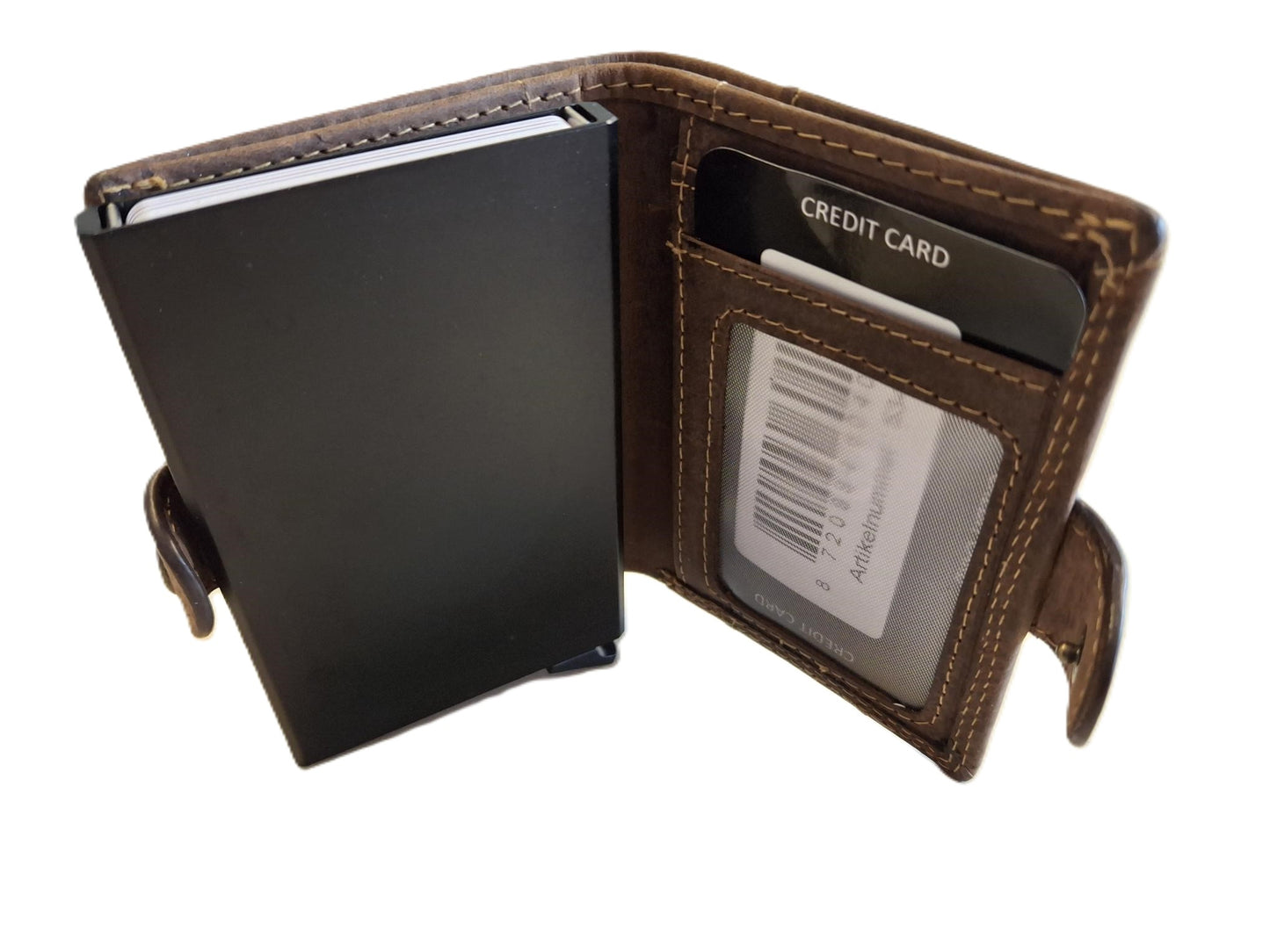 Oi Hunter bruine leren portemonnee met figuretta Cardprotector zonder muntvak / compacte beurs met metalen pasjeshouder / anti skim kastje in zeer kleine portemonnee / bruin leer /534AH