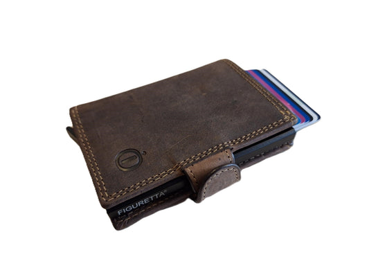 Oi Hunter bruine leren portemonnee met figuretta Cardprotector zonder muntvak / compacte beurs met metalen pasjeshouder / anti skim kastje in zeer kleine portemonnee / bruin leer /534AH