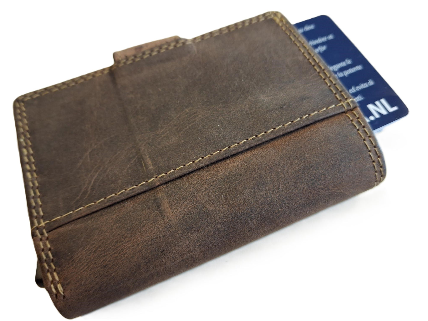 Oi Hunter bruine leren portemonnee met figuretta Cardprotector zonder muntvak / compacte beurs met metalen pasjeshouder / anti skim kastje in zeer kleine portemonnee / bruin leer /534AH