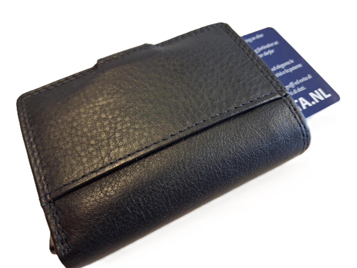 Oi zwarte leren portemonnee met figuretta Cardprotector zonder muntvak / compacte beurs met metalen pasjeshouder / anti skim kastje in zeer kleine portemonnee / zwart leer / 534A