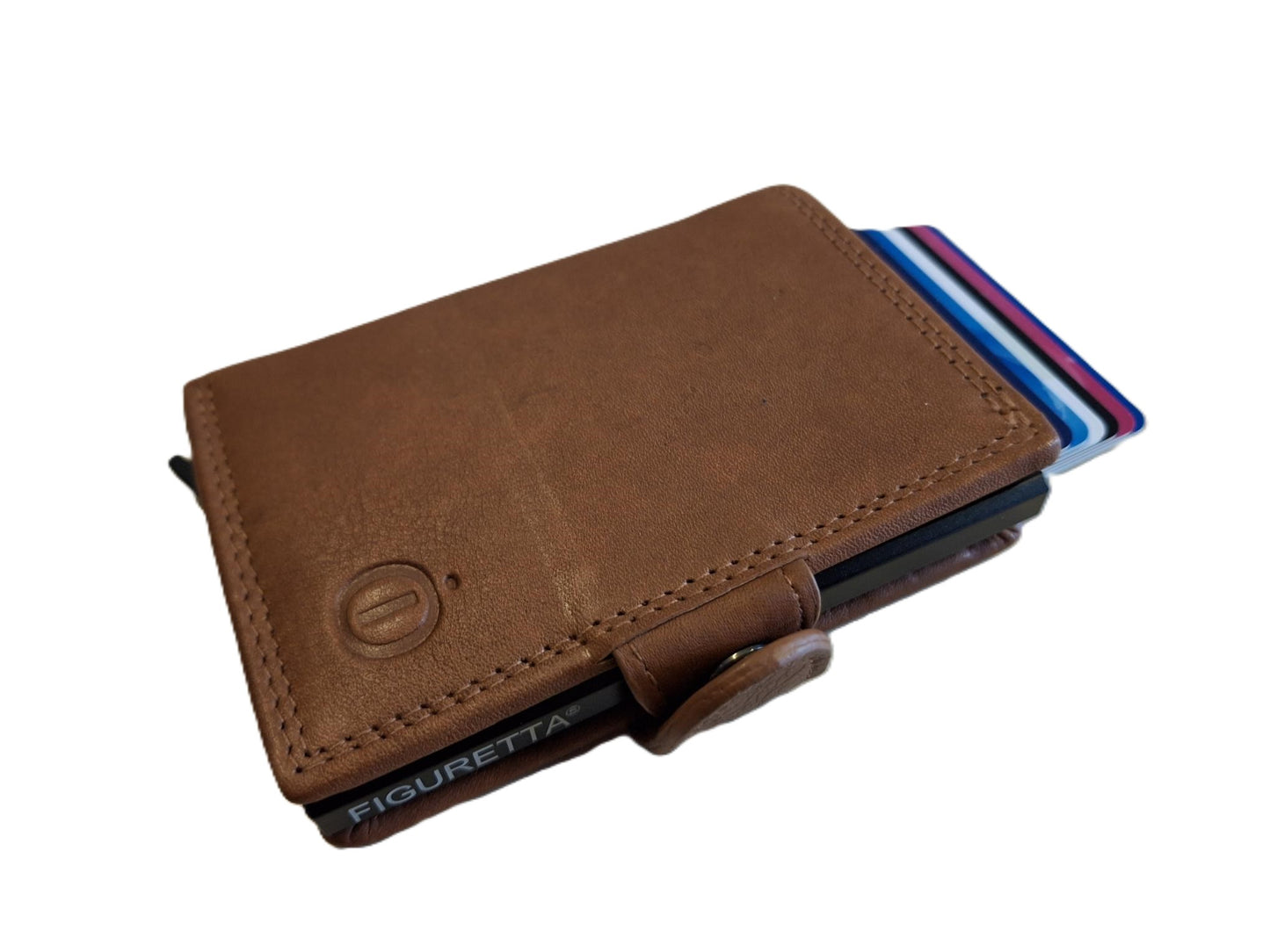Oi zand- camel kleurige leren portemonnee met figuretta Cardprotector zonder muntvak/ compacte beurs met metalen pasjeshouder / anti skim kastje in zeer kleine portemonnee / cognac - camel kleurig leer/ 534AVC