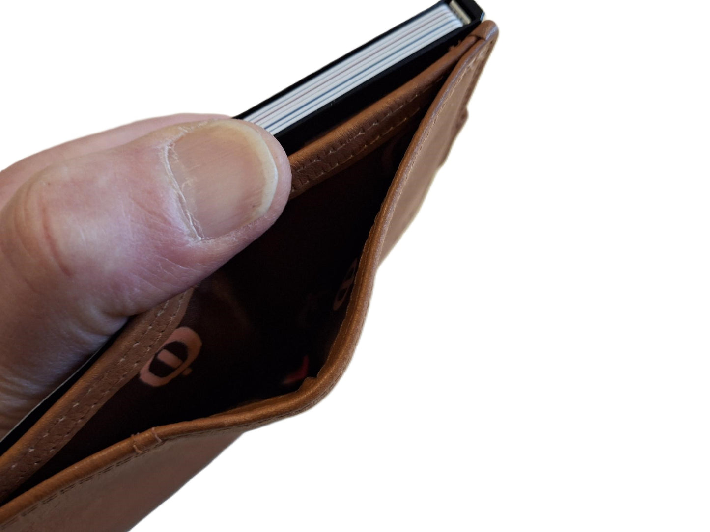Oi zand- camel kleurige leren portemonnee met figuretta Cardprotector zonder muntvak/ compacte beurs met metalen pasjeshouder / anti skim kastje in zeer kleine portemonnee / cognac - camel kleurig leer/ 534AVC