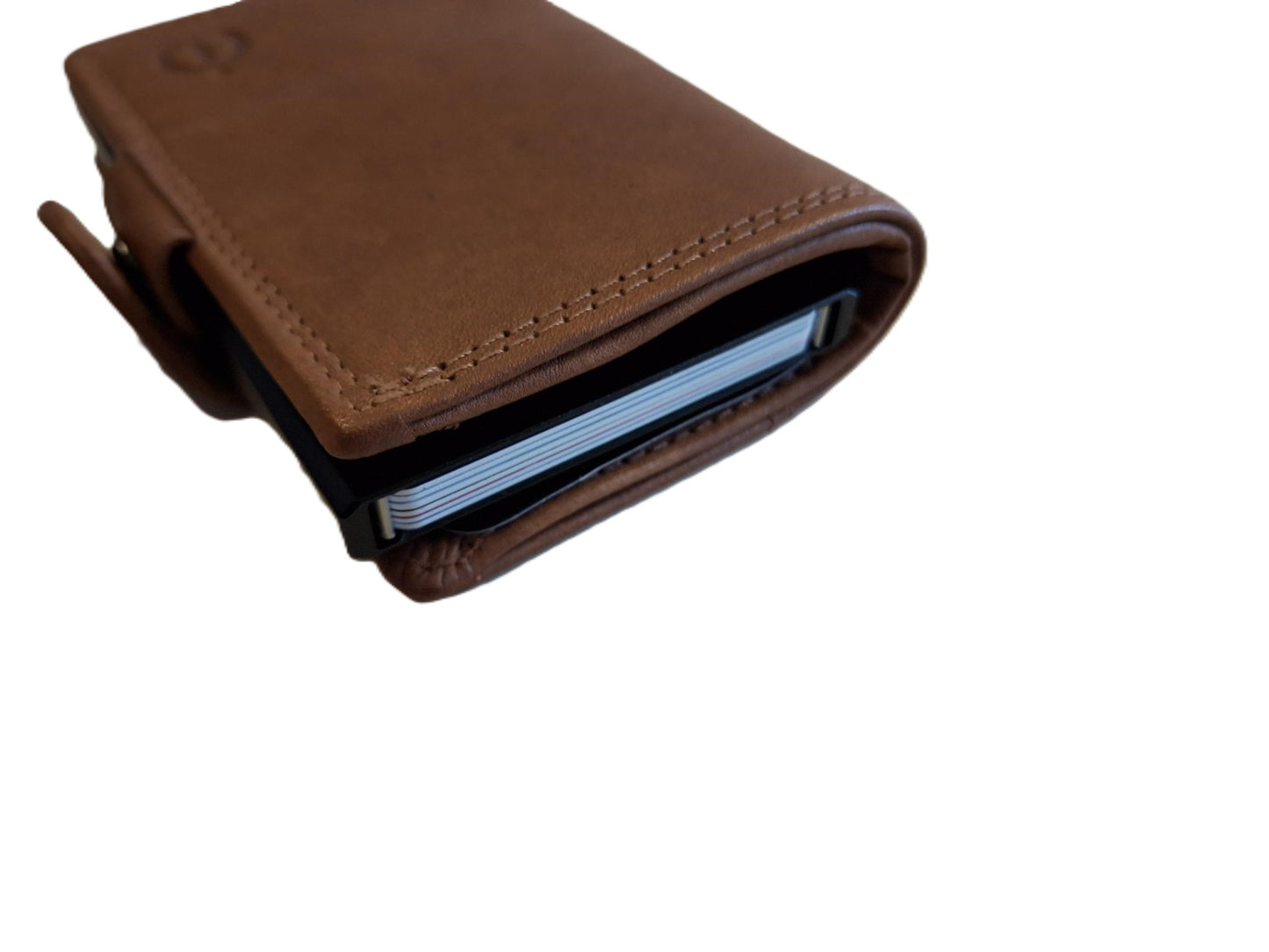 Oi zand- camel kleurige leren portemonnee met figuretta Cardprotector zonder muntvak/ compacte beurs met metalen pasjeshouder / anti skim kastje in zeer kleine portemonnee / cognac - camel kleurig leer/ 534AVC