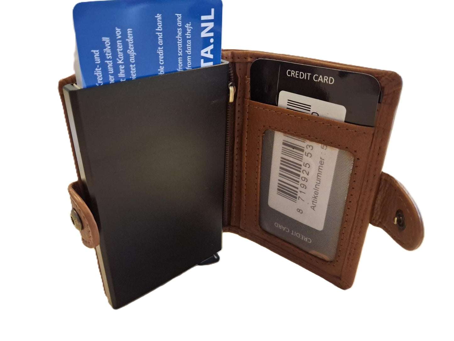 Oi zand- camel kleurige leren portemonnee met figuretta Cardprotector zonder muntvak/ compacte beurs met metalen pasjeshouder / anti skim kastje in zeer kleine portemonnee / cognac - camel kleurig leer/ 534AVC