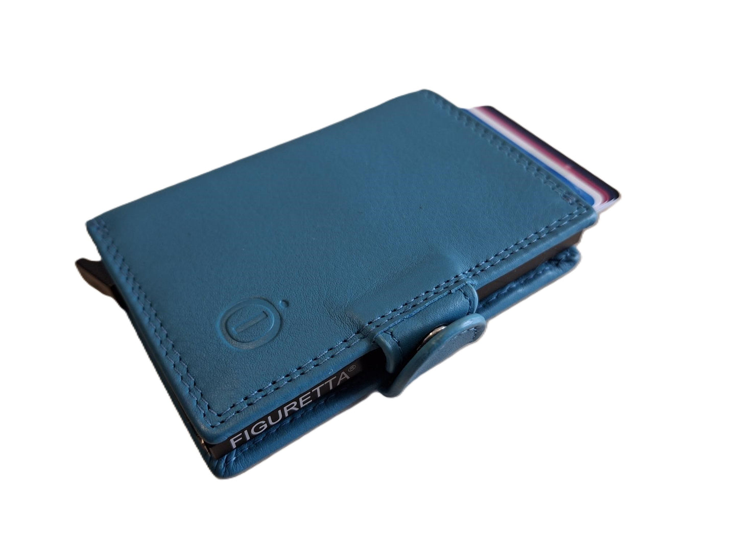 OI aqua blauwe leren portemonnee met figuretta Cardprotector zonder muntvak / compacte beurs met metalen pasjeshouder / anti skim kastje in portemonnee / 534Turqoise