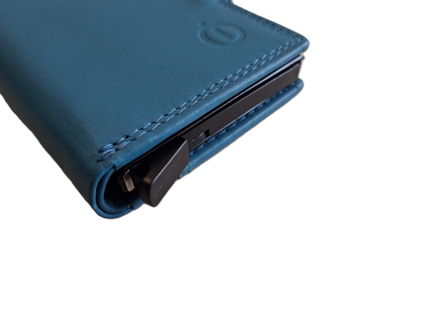 OI aqua blauwe leren portemonnee met figuretta Cardprotector zonder muntvak / compacte beurs met metalen pasjeshouder / anti skim kastje in portemonnee / 534Turqoise