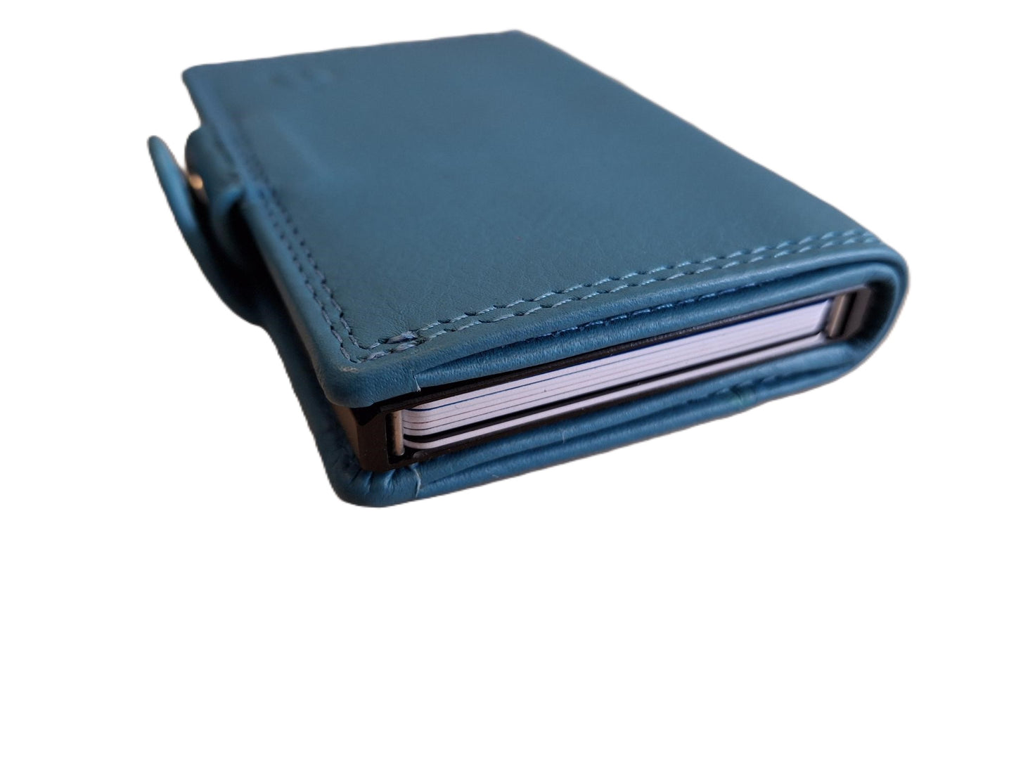 OI aqua blauwe leren portemonnee met figuretta Cardprotector zonder muntvak / compacte beurs met metalen pasjeshouder / anti skim kastje in portemonnee / 534Turqoise