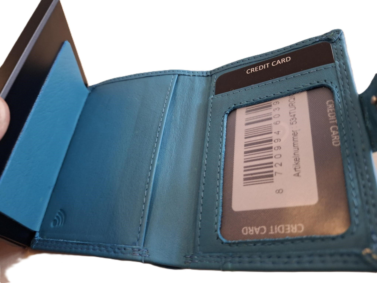 OI aqua blauwe leren portemonnee met figuretta Cardprotector zonder muntvak / compacte beurs met metalen pasjeshouder / anti skim kastje in portemonnee / 534Turqoise