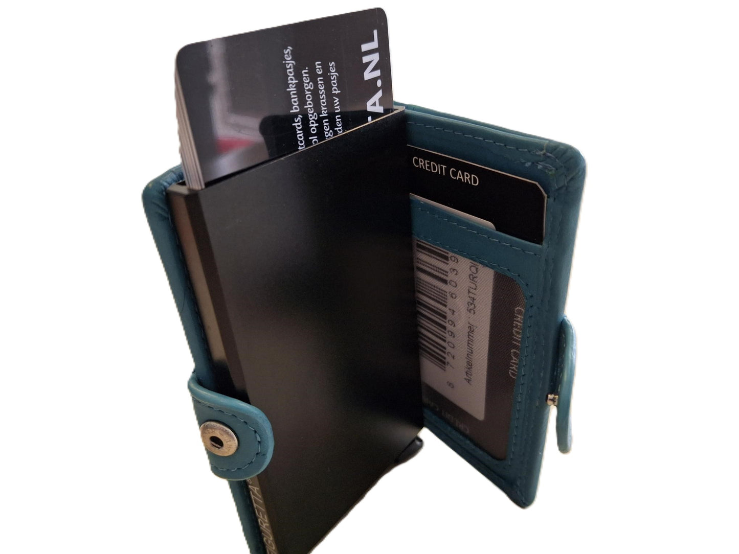 OI aqua blauwe leren portemonnee met figuretta Cardprotector zonder muntvak / compacte beurs met metalen pasjeshouder / anti skim kastje in portemonnee / 534Turqoise