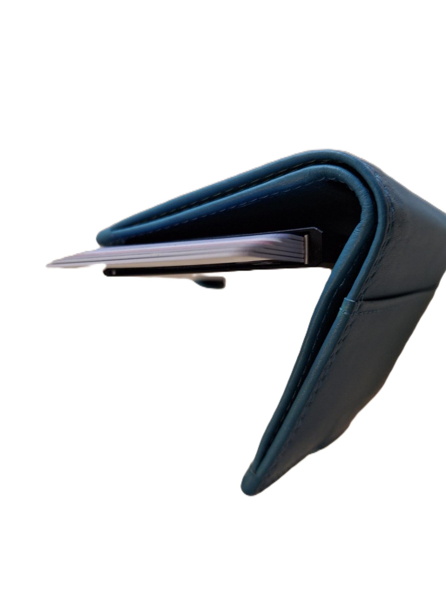 OI aqua blauwe leren portemonnee met figuretta Cardprotector zonder muntvak / compacte beurs met metalen pasjeshouder / anti skim kastje in portemonnee / 534Turqoise