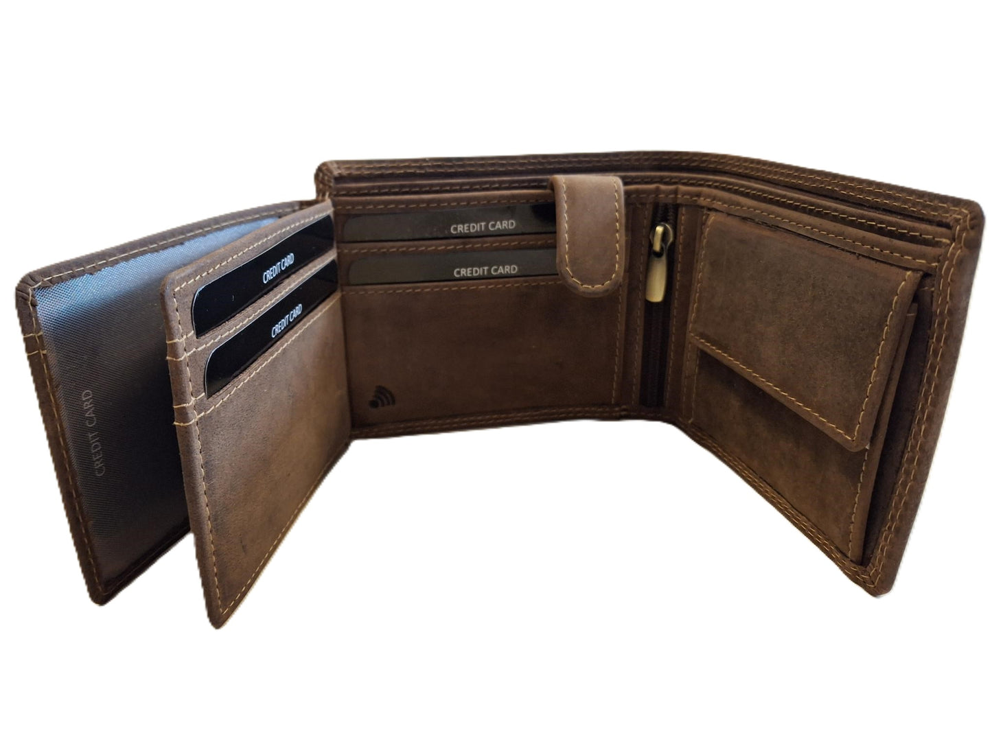 OI Hunter bruine lederen heren portemonnee / kleinere maat billfold laag model / herenbeurs voor 8 pasjes / anti skim / Hunter bruin / 181H