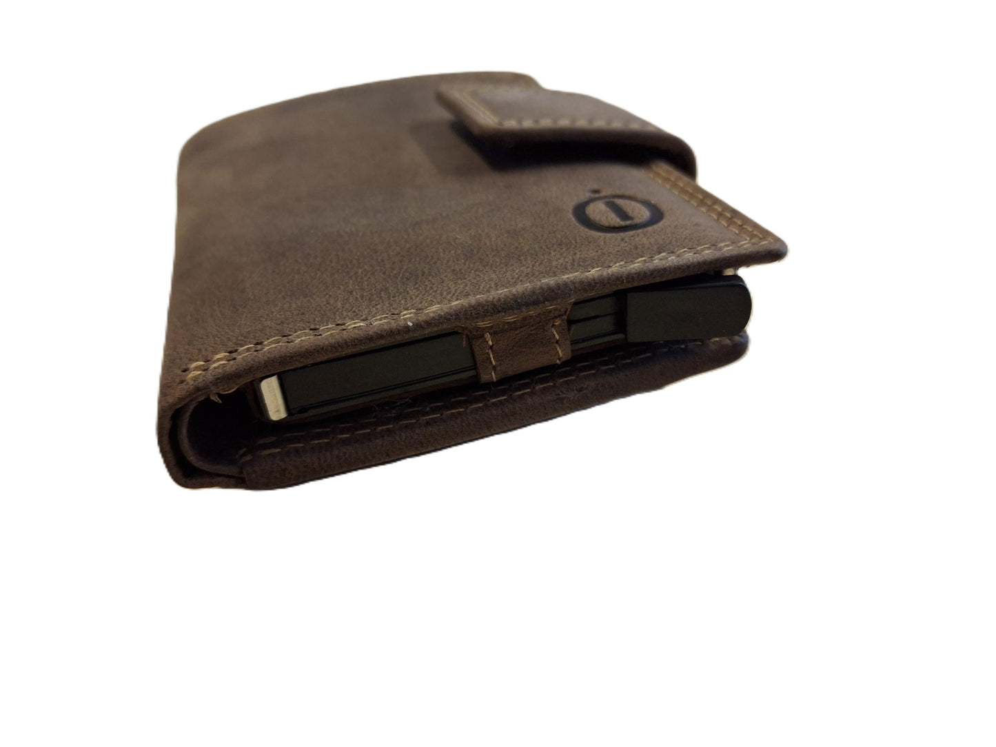 OI Hunter bruine complete portemonnee met figuretta Cardprotector / compacte leren beurs met metalen pasjeshouder afsluitbaar / anti skim kastje in portemonnee / bruin leer / 106H