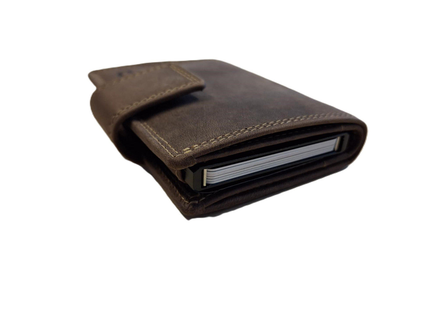 OI Hunter bruine complete portemonnee met figuretta Cardprotector / compacte leren beurs met metalen pasjeshouder afsluitbaar / anti skim kastje in portemonnee / bruin leer / 106H