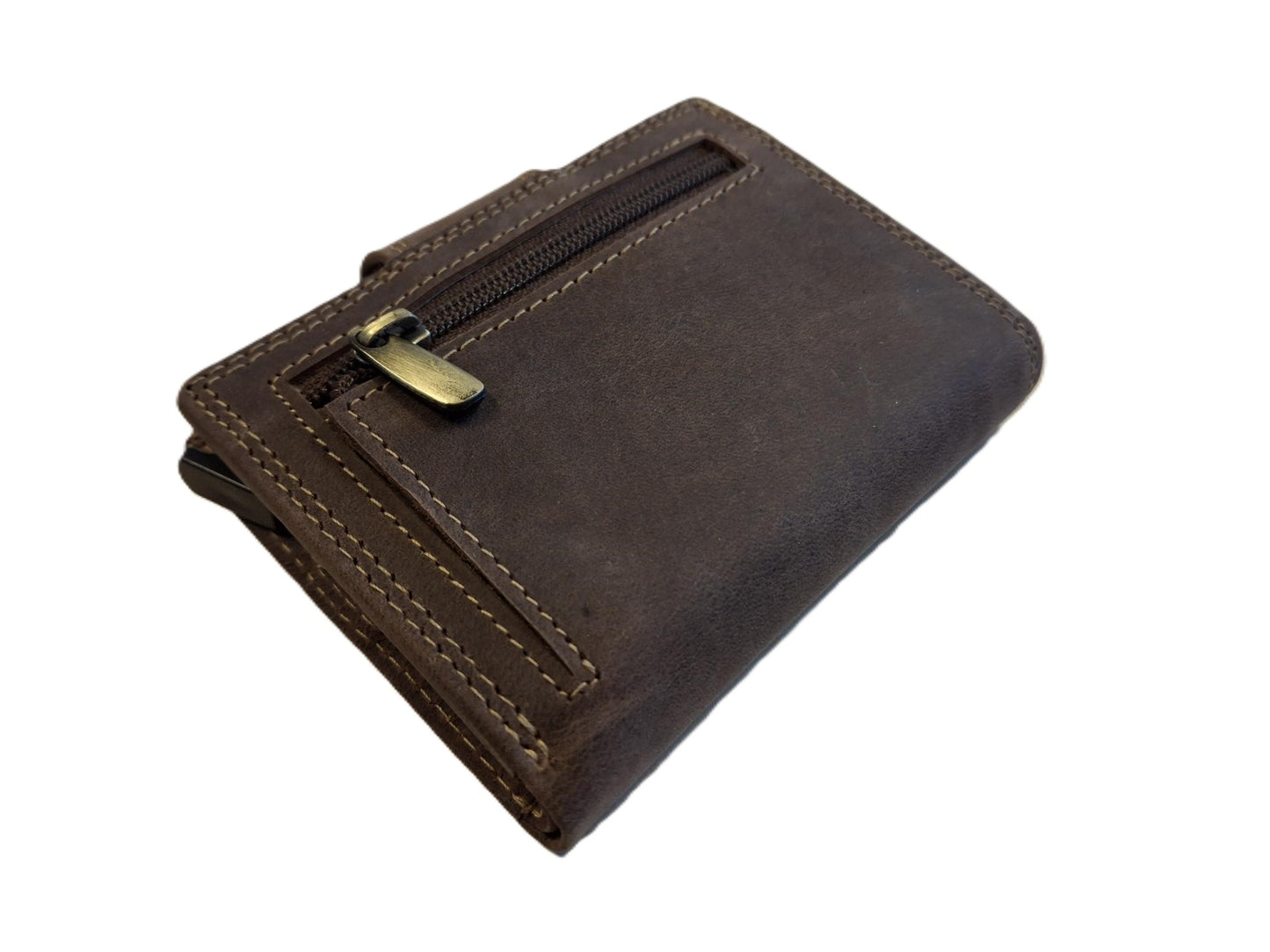 OI Hunter bruine complete portemonnee met figuretta Cardprotector / compacte leren beurs met metalen pasjeshouder afsluitbaar / anti skim kastje in portemonnee / bruin leer / 106H