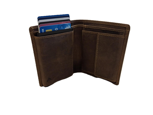 OI Hunter bruine leren billfold met cardprotector / normale portemonnee met Figuretta pasjeshouder / complete portemonnee met anti skim kastje / leren beurs met metalen pasjeshouder / bruin leer / 115H
