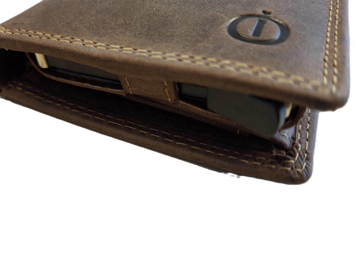OI Hunter bruine leren billfold met cardprotector / normale portemonnee met Figuretta pasjeshouder / complete portemonnee met anti skim kastje / leren beurs met metalen pasjeshouder / bruin leer / 115H