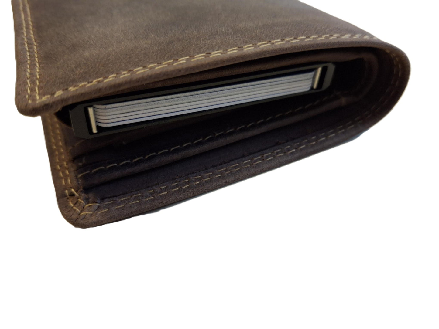 OI Hunter bruine leren billfold met cardprotector / normale portemonnee met Figuretta pasjeshouder / complete portemonnee met anti skim kastje / leren beurs met metalen pasjeshouder / bruin leer / 115H