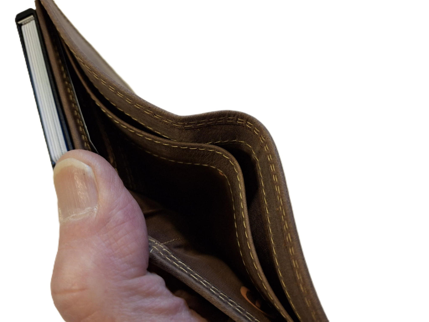 OI Hunter bruine leren billfold met cardprotector / normale portemonnee met Figuretta pasjeshouder / complete portemonnee met anti skim kastje / leren beurs met metalen pasjeshouder / bruin leer / 115H
