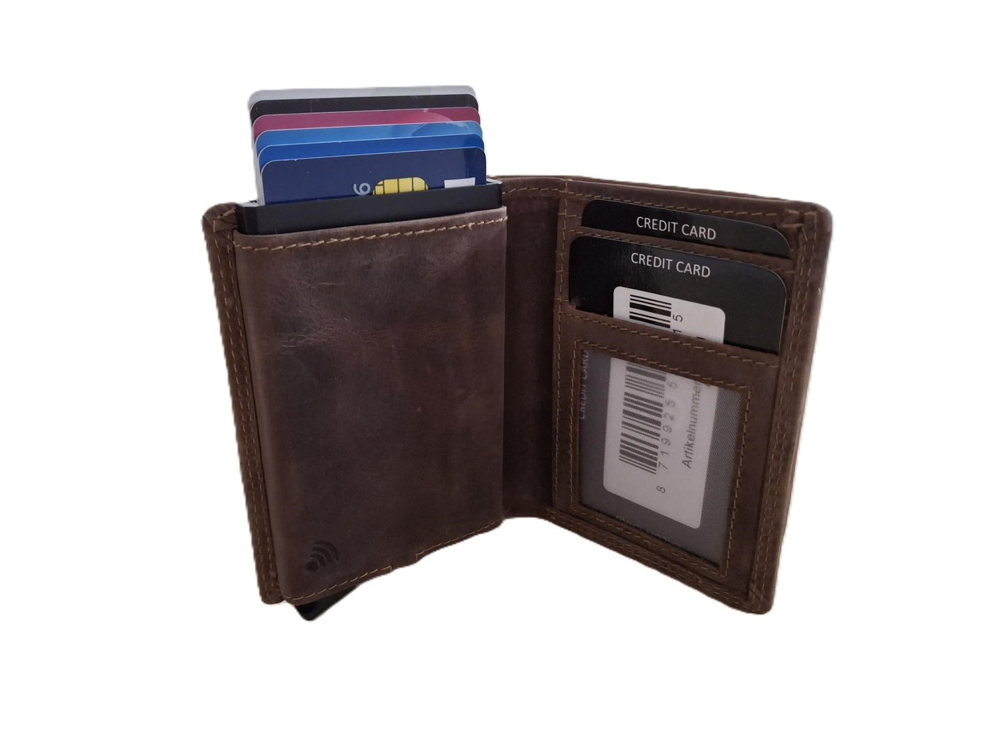 OI Hunter bruine leren portemonnee met Figuretta pasjeshouder en plaats voor klein geld / Compact portemonneetje met Cardprotector en muntvak / compleet beursje met RFID SAFE kastje / metalen pasjeshouder in anti skim portemonnee / bruin leer / 145H