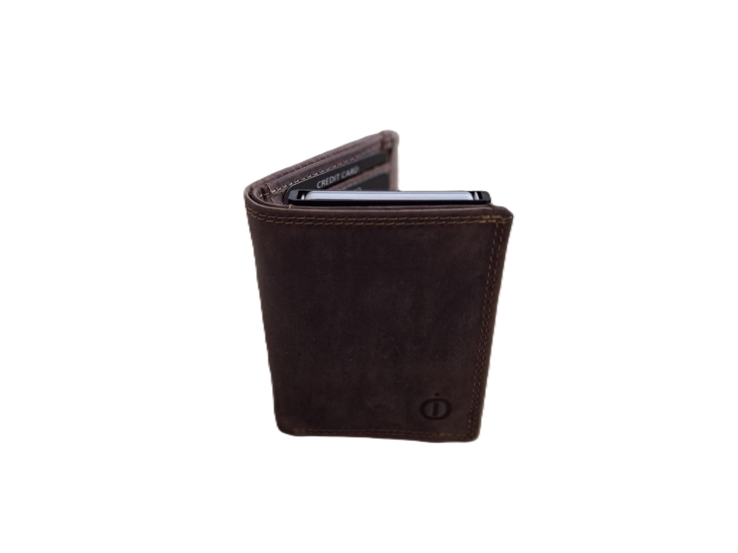 OI Hunter bruine leren portemonnee met Figuretta pasjeshouder en plaats voor klein geld / Compact portemonneetje met Cardprotector en muntvak / compleet beursje met RFID SAFE kastje / metalen pasjeshouder in anti skim portemonnee / bruin leer / 145H