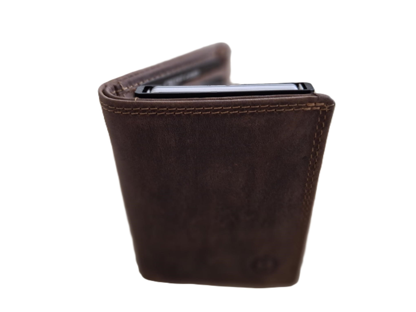 OI Hunter bruine leren portemonnee met Figuretta pasjeshouder en plaats voor klein geld / Compact portemonneetje met Cardprotector en muntvak / compleet beursje met RFID SAFE kastje / metalen pasjeshouder in anti skim portemonnee / bruin leer / 145H