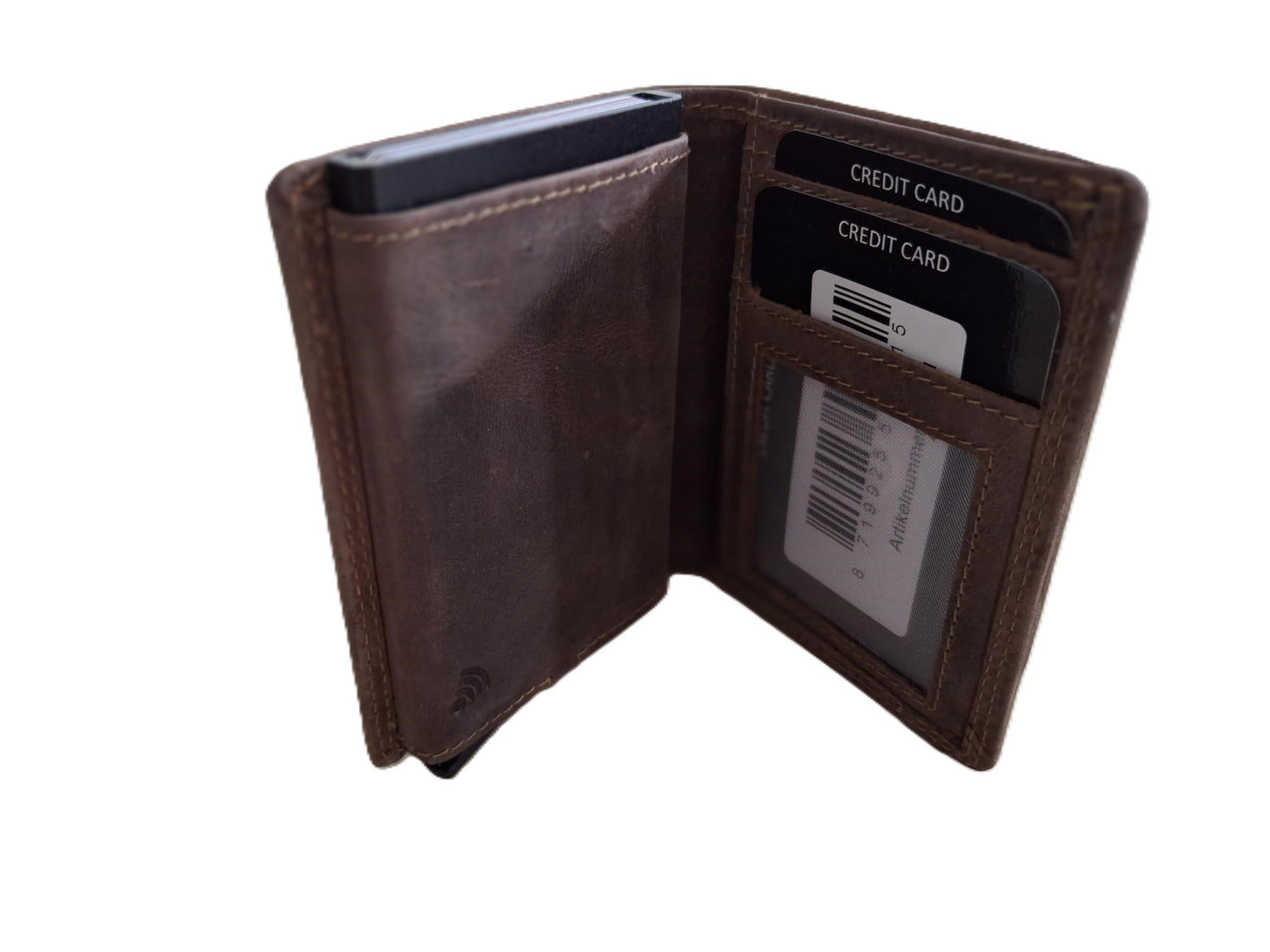 OI Hunter bruine leren portemonnee met Figuretta pasjeshouder en plaats voor klein geld / Compact portemonneetje met Cardprotector en muntvak / compleet beursje met RFID SAFE kastje / metalen pasjeshouder in anti skim portemonnee / bruin leer / 145H