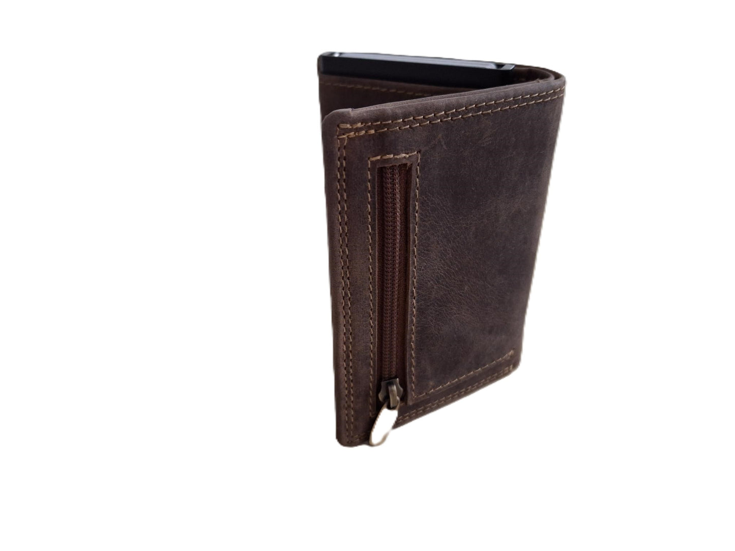 OI Hunter bruine leren portemonnee met Figuretta pasjeshouder en plaats voor klein geld / Compact portemonneetje met Cardprotector en muntvak / compleet beursje met RFID SAFE kastje / metalen pasjeshouder in anti skim portemonnee / bruin leer / 145H