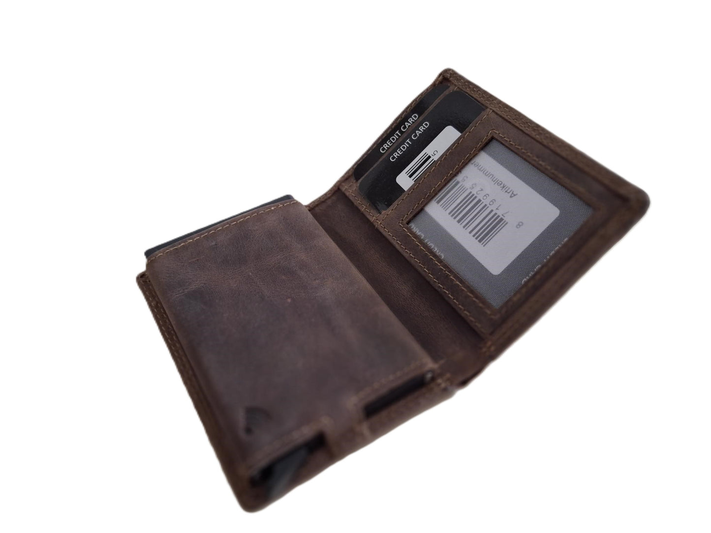 OI Hunter bruine leren portemonnee met Figuretta pasjeshouder en plaats voor klein geld / Compact portemonneetje met Cardprotector en muntvak / compleet beursje met RFID SAFE kastje / metalen pasjeshouder in anti skim portemonnee / bruin leer / 145H