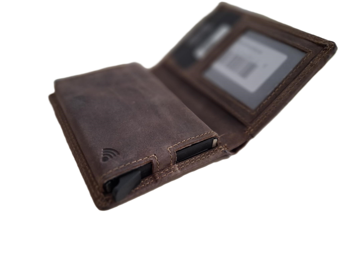 OI Hunter bruine leren portemonnee met Figuretta pasjeshouder en plaats voor klein geld / Compact portemonneetje met Cardprotector en muntvak / compleet beursje met RFID SAFE kastje / metalen pasjeshouder in anti skim portemonnee / bruin leer / 145H