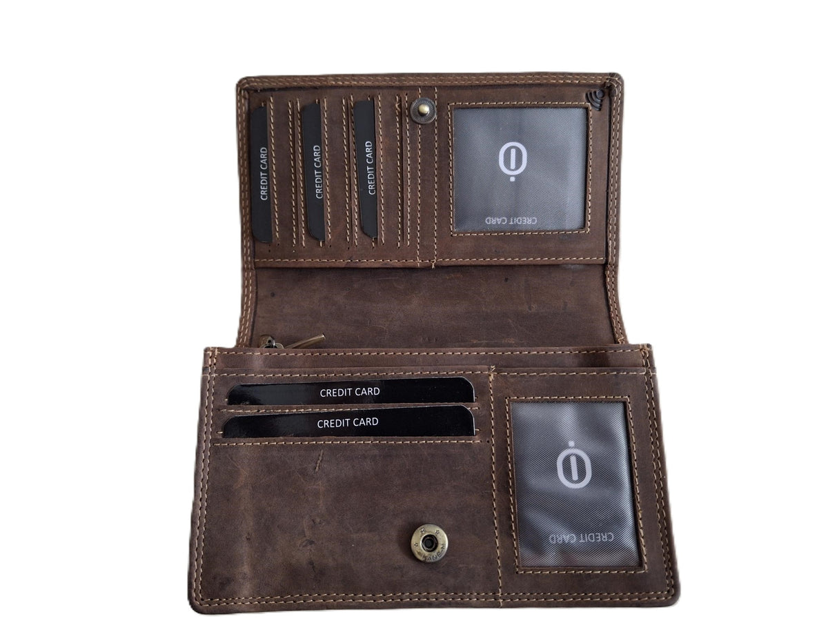 Oi Hunter bruine leren Europortemonnee met soufflé / halflange harmonicaportemonnee voor dames / overslag beurs die dikker kan worden / skim veilig / bruin / 214H