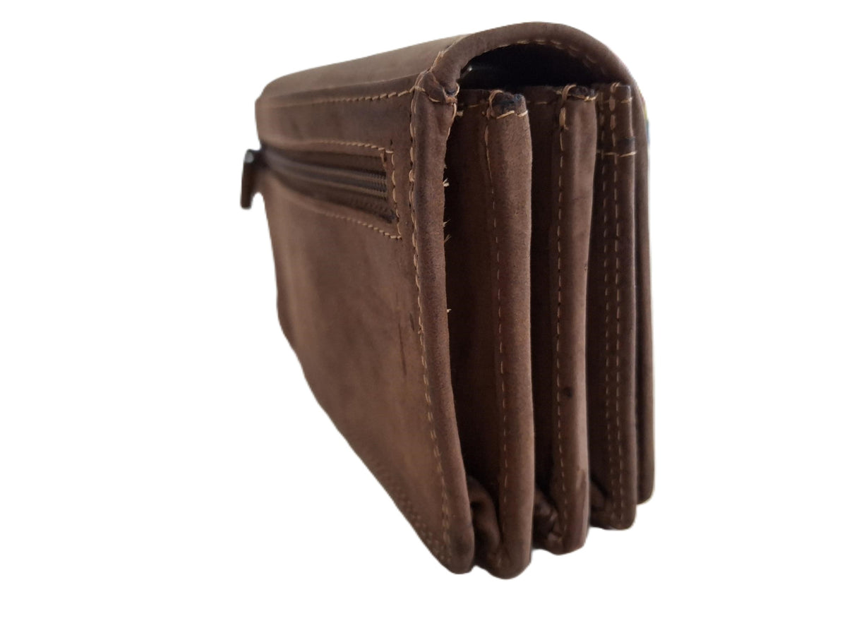 Oi Hunter bruine leren Europortemonnee met soufflé / halflange harmonicaportemonnee voor dames / overslag beurs die dikker kan worden / skim veilig / bruin / 214H