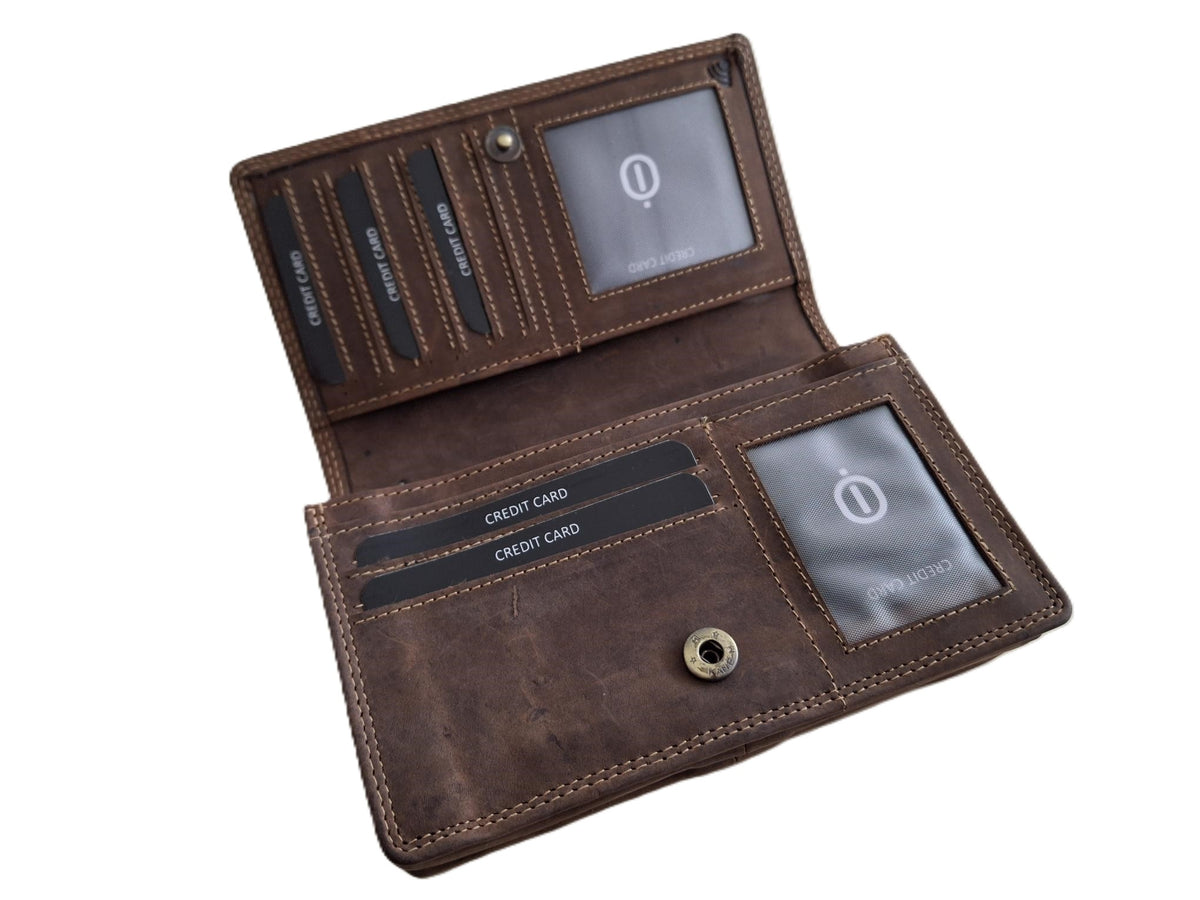 Oi Hunter bruine leren Europortemonnee met soufflé / halflange harmonicaportemonnee voor dames / overslag beurs die dikker kan worden / skim veilig / bruin / 214H