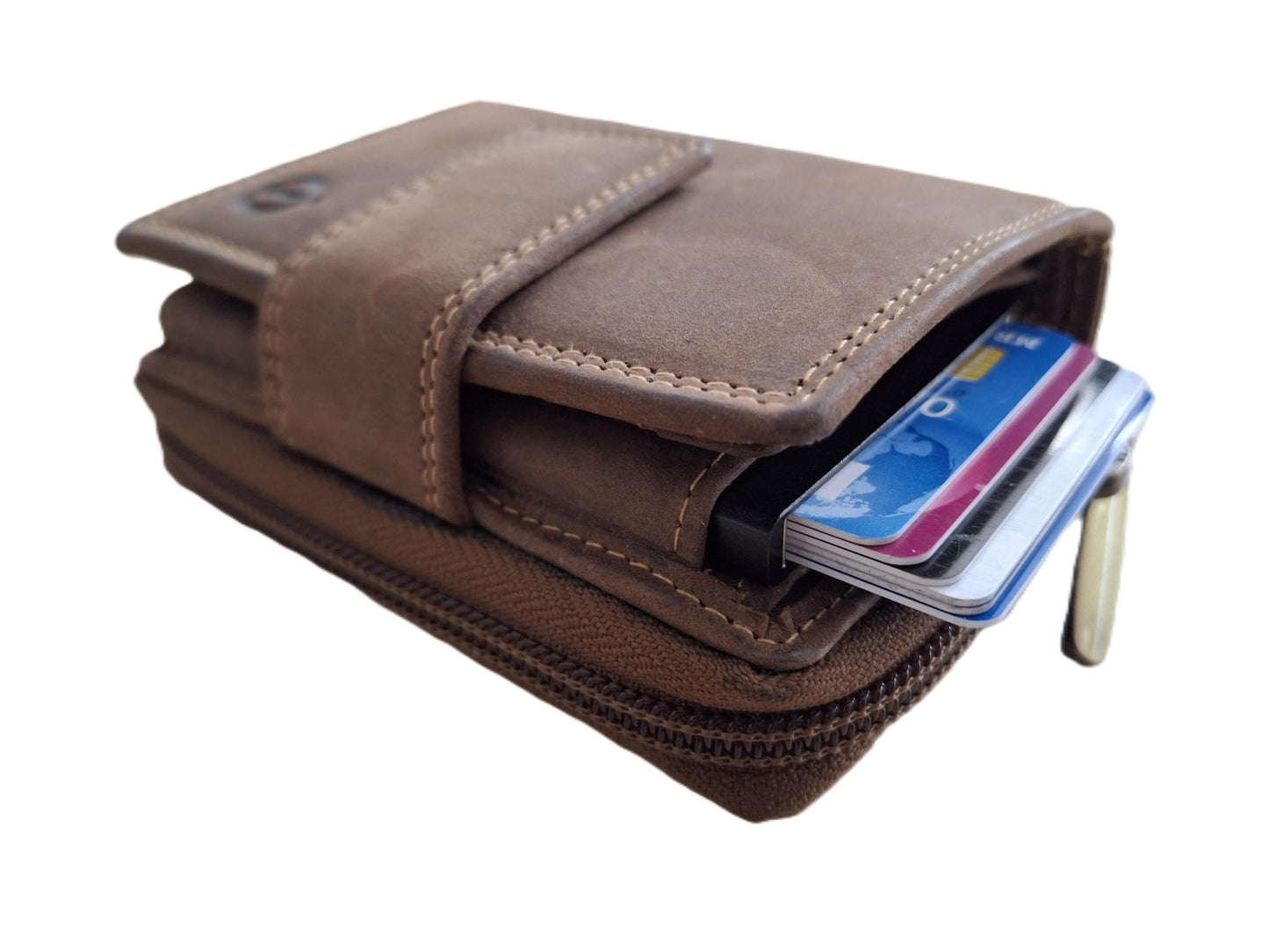 OI Hunter bruine leren ritsportemonnee met cardprotector / portemonnee met Figuretta pasjeshouder en ruim ritsvak voor muntgeld / complete portemonnee met anti skim kastje / leren beurs met metalen pasjeshouder en rits / Hunter bruin leer / 147H