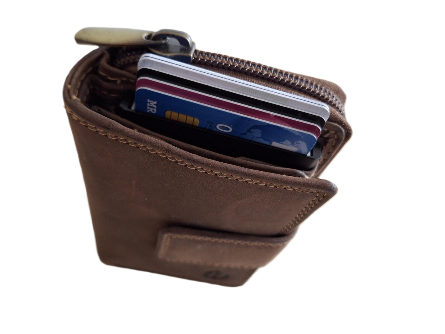 OI Hunter bruine leren ritsportemonnee met cardprotector / portemonnee met Figuretta pasjeshouder en ruim ritsvak voor muntgeld / complete portemonnee met anti skim kastje / leren beurs met metalen pasjeshouder en rits / Hunter bruin leer / 147H