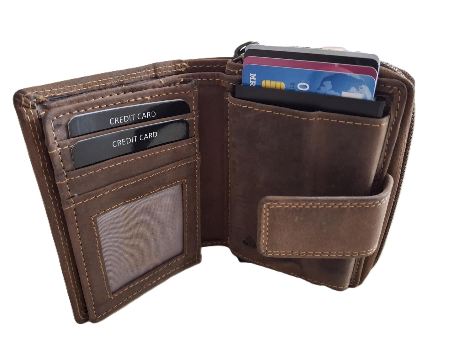 OI Hunter bruine leren ritsportemonnee met cardprotector / portemonnee met Figuretta pasjeshouder en ruim ritsvak voor muntgeld / complete portemonnee met anti skim kastje / leren beurs met metalen pasjeshouder en rits / Hunter bruin leer / 147H