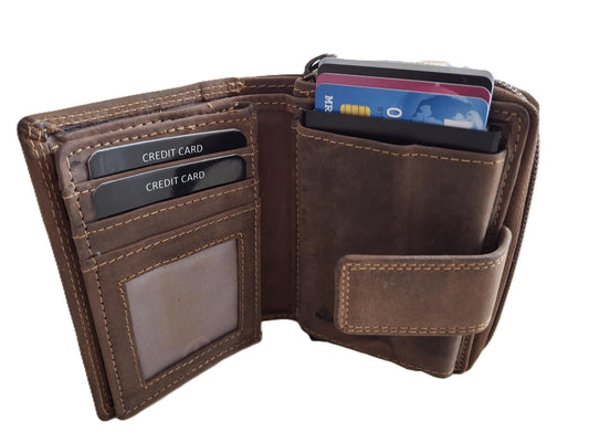 OI Hunter bruine leren ritsportemonnee met cardprotector / portemonnee met Figuretta pasjeshouder en ruim ritsvak voor muntgeld / complete portemonnee met anti skim kastje / leren beurs met metalen pasjeshouder en rits / Hunter bruin leer / 147H