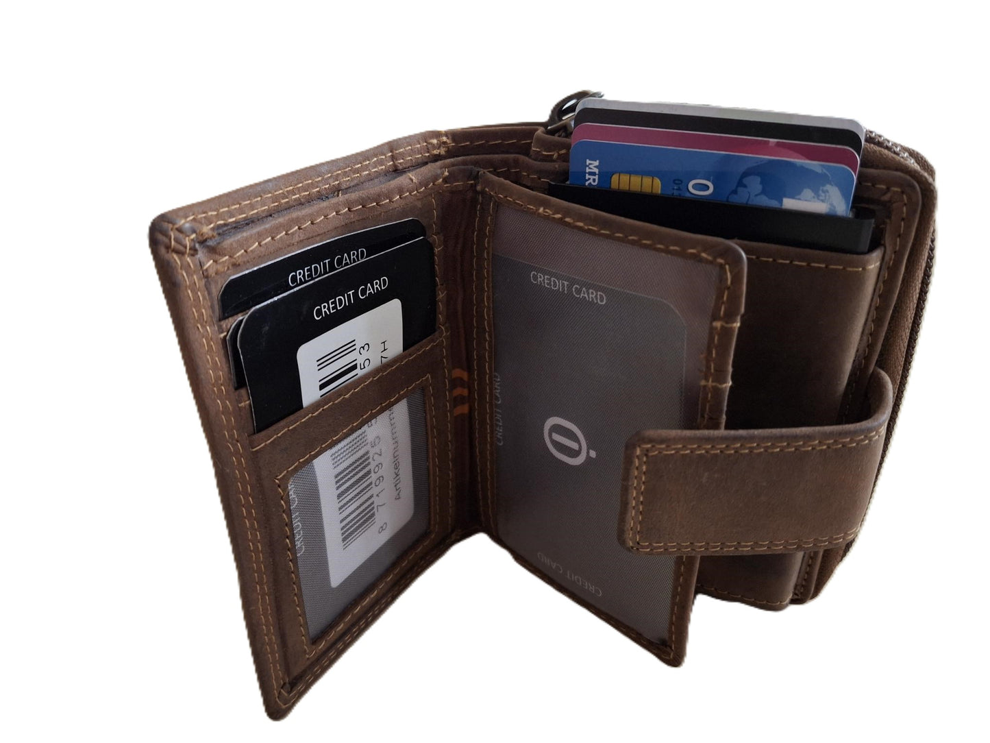OI Hunter bruine leren ritsportemonnee met cardprotector / portemonnee met Figuretta pasjeshouder en ruim ritsvak voor muntgeld / complete portemonnee met anti skim kastje / leren beurs met metalen pasjeshouder en rits / Hunter bruin leer / 147H