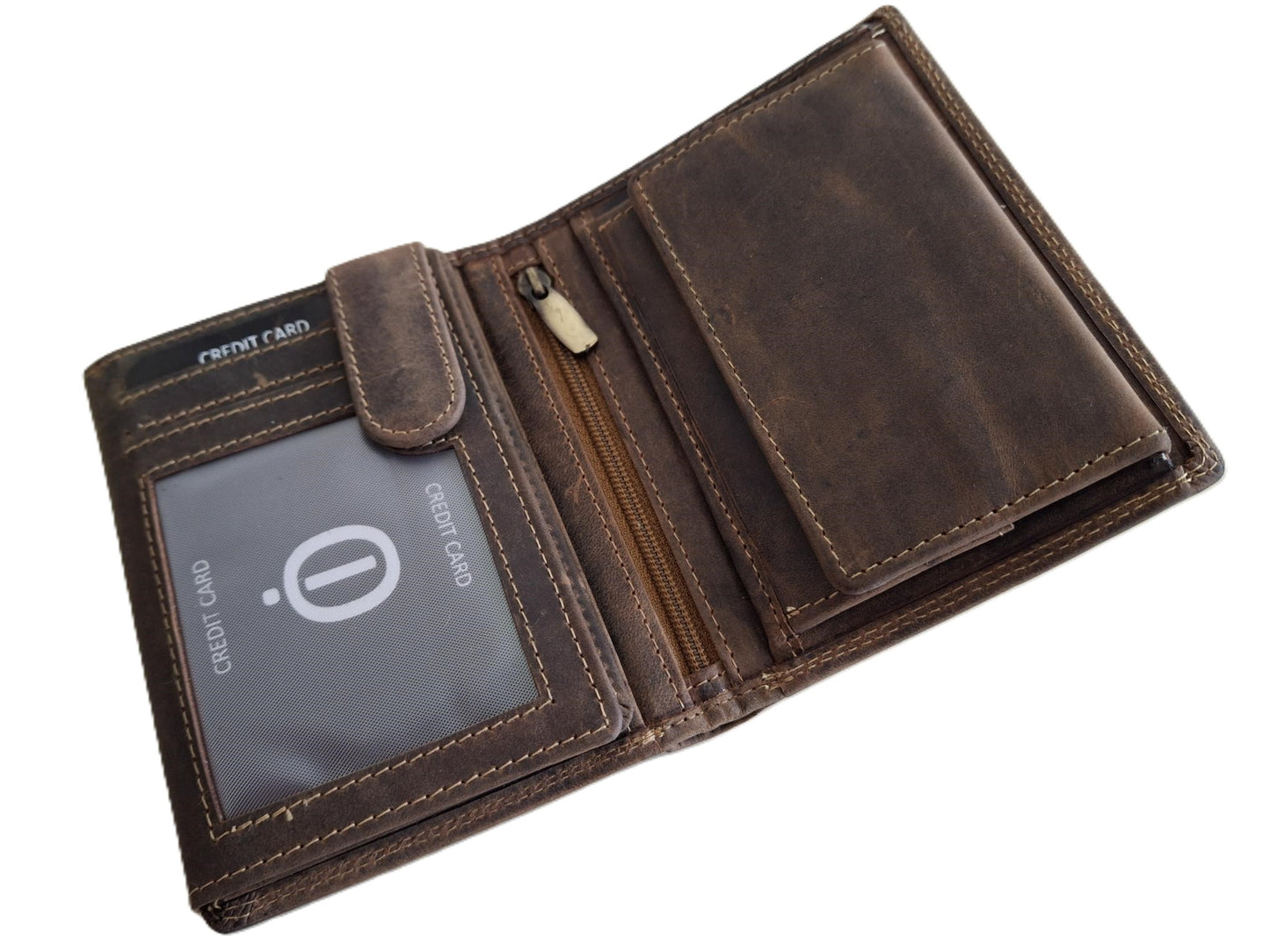 OI Hunter bruine leren billfold hoog model met wiener schachtel / uitgebreide portemonnee voor veel pasjes met vierkant vouwbakje voor muntgeld / anti skim / beurs met schudbak / Hunter bruin leer / 149H