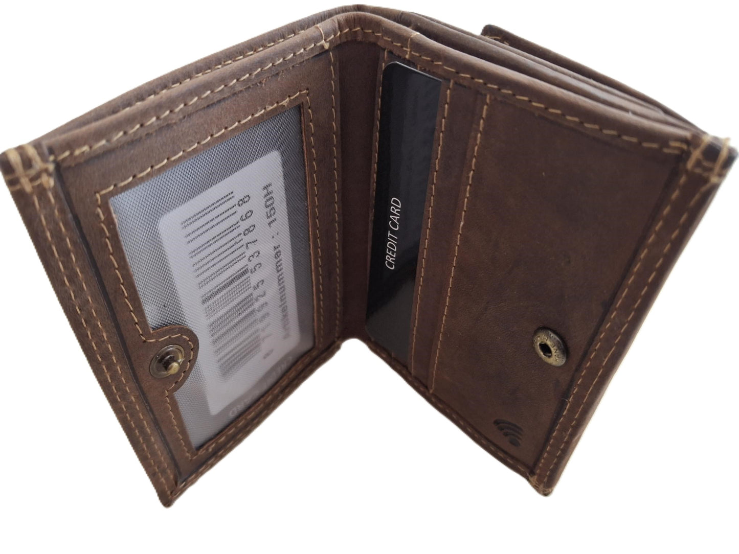 OI lederen afsluitbaar portemonneetje Hunter bruin / zeer compact beursje / kleine maar complete Hunter bruine portemonnee / anti skim / bruin / 150H