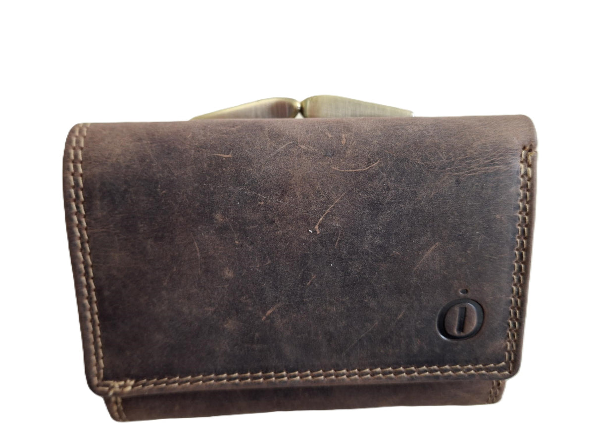 OI Hunter bruine lederen knipportemonnee medium voor veel pasjes / dames portemonnee met beugelsluiting / dames Trifold beurs met kleingeldvak met beugelsluiting / RFID SAFE / Hunter bruin / 158H
